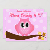 ピンクフーフクロウ誕生日パーティーへの招待 招待状 (正面/裏面)