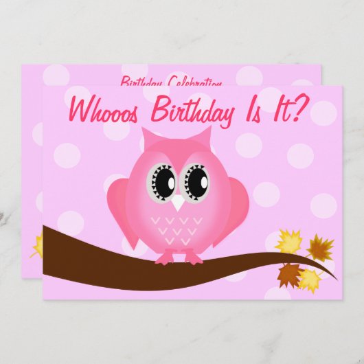ピンクフーフクロウ誕生日パーティーへの招待 招待状 (正面/裏面)