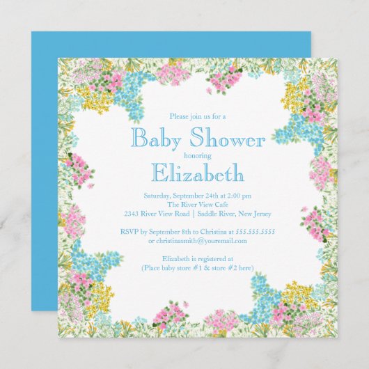 ピンクブかわいらしルーフローラニュートラルベビーシャワー 招待状 (正面/裏面)