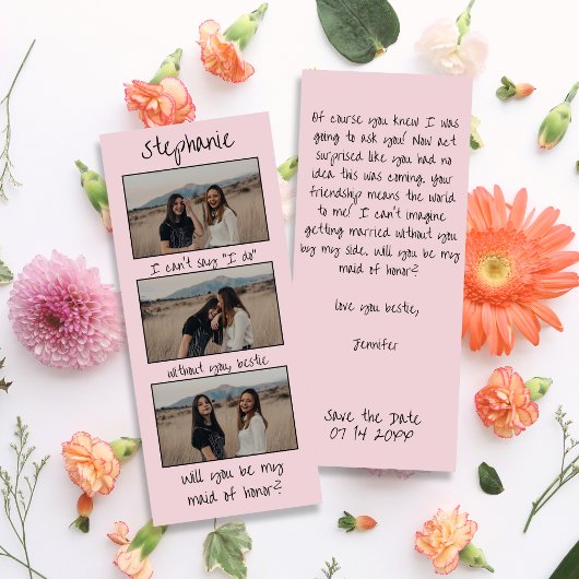 ピンクブックマークフォトストリップメイド・オブ・オーナー(花嫁付き添い人)提案 セーブザデート
