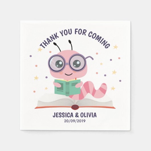 ピンクブックワームテーマ スタンダードカクテルナプキン (正面)