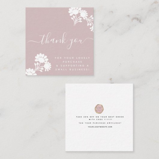 ピンクブティック美しいサンキューロゴスクリプト スクエア名刺 (正面/裏面)