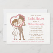 ピンクブライダルシャワーの漫画茶色の新郎新婦ハート 招待状 (正面)