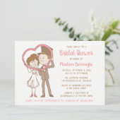 ピンクブライダルシャワーの漫画茶色の新郎新婦ハート 招待状 (スタンド正面)