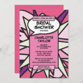 ピンクブライダルシャワーモダンおもしろい漫画帳 招待状 (正面/裏面)