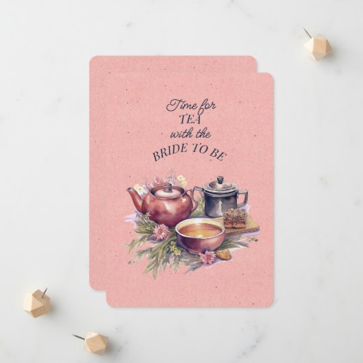 ピンクブライダルティーパーティーティーポット招待状 案内状 (正面/裏面インサイチュ)