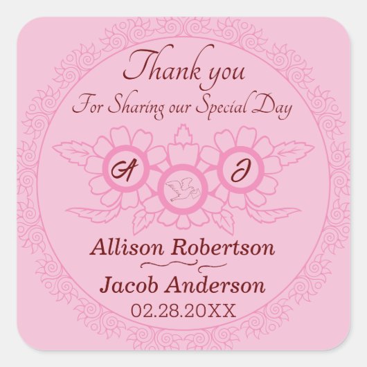 ピンクブライトとはっきりしたの結婚クラシックラウンドステッカー スクエアシール (正面)