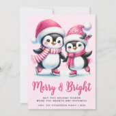 ピンクブライトメリーアイススケートで滑るペンギンクリスマス シーズンカード (正面)