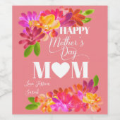 ピンクブライト花模様ハッピーマザーズデイ ワインラベル (シングルラベル)