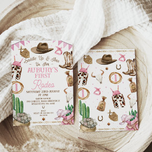 ピンクブラウンガールズファーストRodeo 1st誕生日 招待状