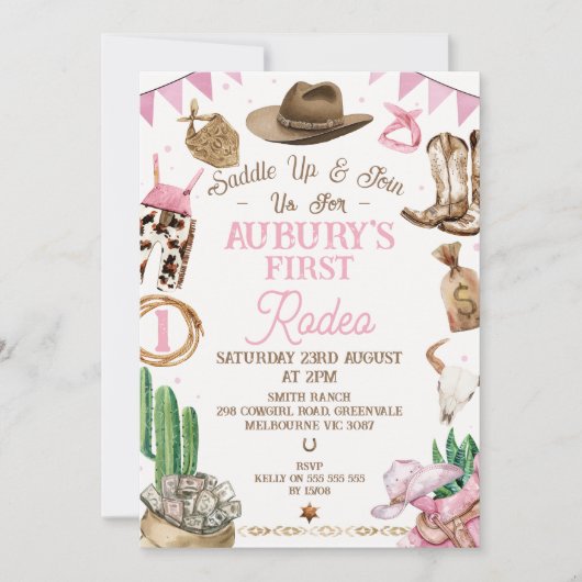 ピンクブラウンガールズファーストRodeo 1st誕生日 招待状 (正面)