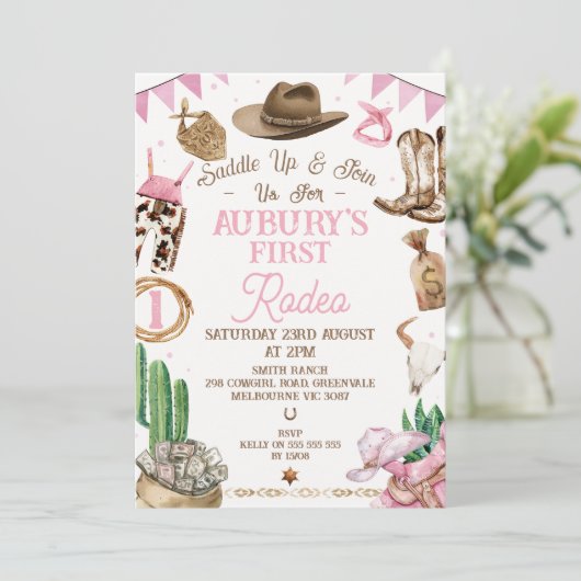 ピンクブラウンガールズファーストRodeo 1st誕生日 招待状 (スタンド正面)