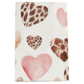 ピンクブラウンクリームヒョウ動物ハート誕生日 ミディアムペーパーバッグ (正面)