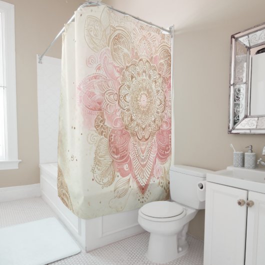 ピンクブラウンクリームマンダラボヘミアンボホファッション シャワーカーテン (インサイチュ)