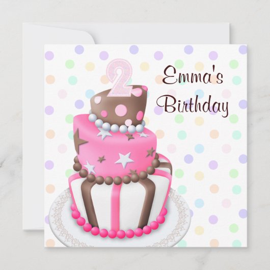 ピンクブラウンケーキのプレゼント 女子2歳の誕生日パーティー 招待状 (正面)
