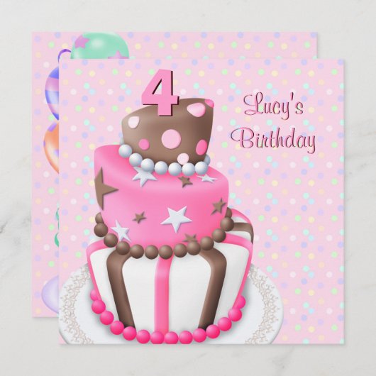 ピンクブラウンケーキガールズ4th誕生日パーティー 招待状 (正面/裏面)