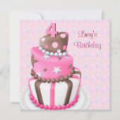 ピンクブラウンケーキガールズ4th誕生日パーティー 招待状 (正面)