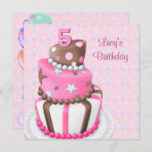 ピンクブラウンケーキガールズ5thバースデーパーティー 招待状 (正面/裏面)