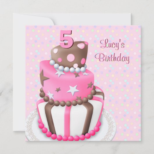 ピンクブラウンケーキガールズ5thバースデーパーティー 招待状 (正面)