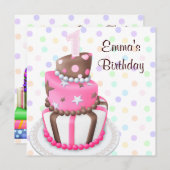 ピンクブラウンケーキプレゼントガールズ1st誕生日パーティー 招待状 (正面/裏面)