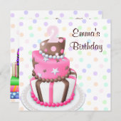 ピンクブラウンケーキプレゼント女の子2nd誕生日パーティー 招待状 (正面/裏面)