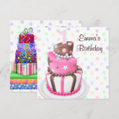 ピンクブラウンケーキ プレゼンツ 女の子の1歳誕生日パーティー 招待状 (正面/裏面)