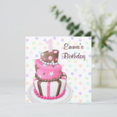 ピンクブラウンケーキ プレゼンツ 女の子の1歳誕生日パーティー 招待状 (スタンド正面)
