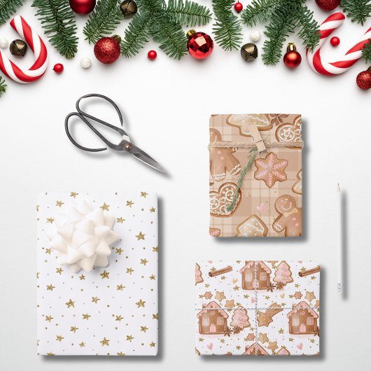 ピンクブラウンジンジャーブレッドマンズハウススターズシナモン ラッピングペーパーシート