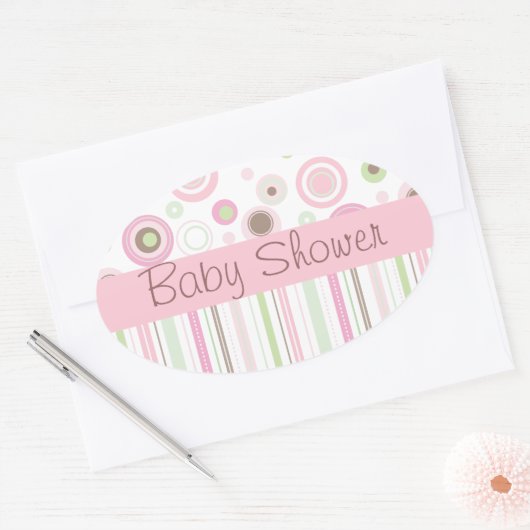 ピンクブラウンスイートガール水玉模様ベビーシャワー 楕円形シール (封筒)