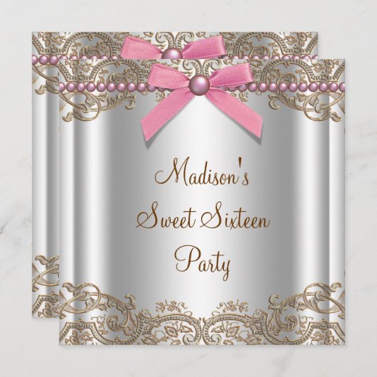 ピンクブラウンスウィート16誕生日パーティー 招待状 (正面/裏面)