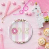 ピンクブラウンスプリングルドーナツONE 1歳の誕生日パーティー ペーパープレート (パーティー)