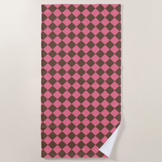 ピンクブラウンチェッカー ダイヤモンド柄 ビーチタオル (正面)