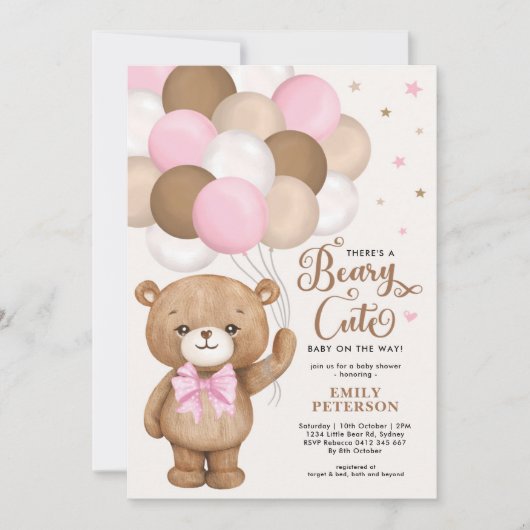 ピンクブラウンテディベアーバルーン女の子ベビーシャワー 招待状 (正面)