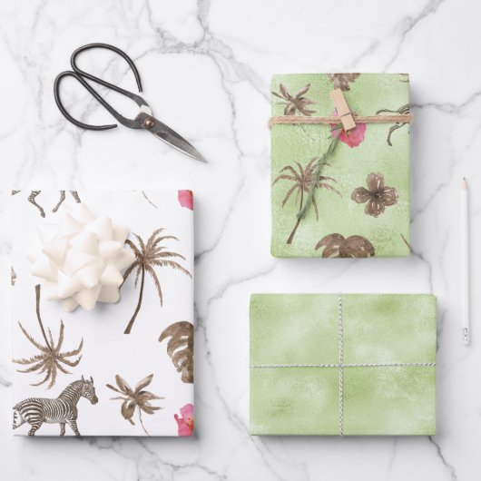 ピンクブラウントロピカルゼブラフローラヤシ ラッピングペーパーシート (正面)