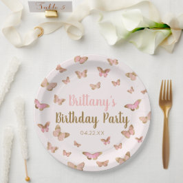 ピンクブラウンバタフライをテーマにした誕生日パーティー ペーパープレート