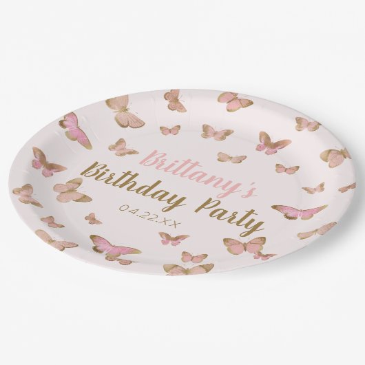 ピンクブラウンバタフライをテーマにした誕生日パーティー ペーパープレート (アングル)
