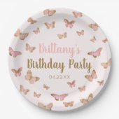 ピンクブラウンバタフライをテーマにした誕生日パーティー ペーパープレート (正面)