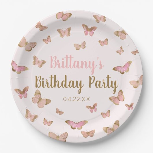 ピンクブラウンバタフライをテーマにした誕生日パーティー ペーパープレート (正面)