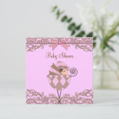 ピンクブラウンパールレースガールベビーシャワー 招待状 (スタンド正面)
