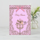 ピンクブラウンパールレースガールベビーシャワー 招待状 (スタンド正面)