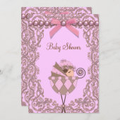 ピンクブラウンパールレースガールベビーシャワー 招待状 (正面/裏面)