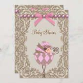ピンクブラウンパールレースガールベビーシャワー 招待状 (正面/裏面)