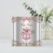 ピンクブラウンパールレースガールベビーシャワー 招待状 (スタンド正面)