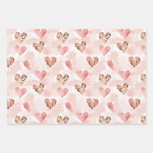 ピンクブラウンヒョウ印刷ハートストライプクリスマス ラッピングペーパーシート (正面2)