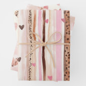 ピンクブラウンヒョウ印刷ハートストライプクリスマス ラッピングペーパーシート (インサイチュ)