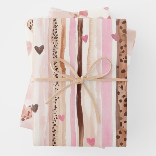 ピンクブラウンヒョウ印刷ハートストライプクリスマス ラッピングペーパーシート (インサイチュ)