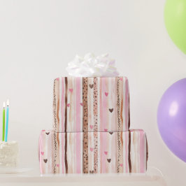 ピンクブラウンヒョウ印刷ハートストライプ誕生日 ラッピングペーパー
