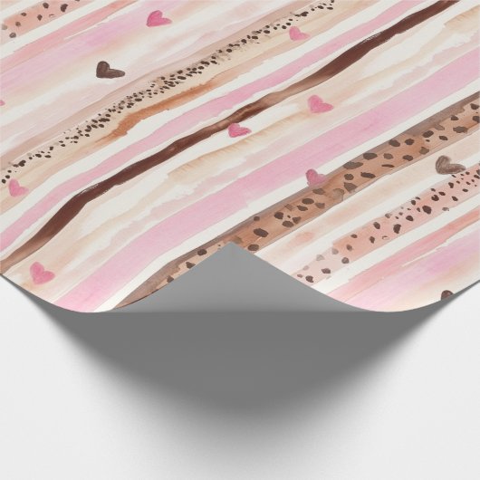 ピンクブラウンヒョウ印刷ハートストライプ誕生日 ラッピングペーパー (角)