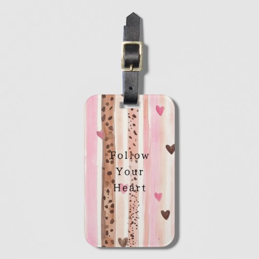 ピンクブラウンヒョウ印刷ハートストライプ ラゲッジタグ (正面縦)