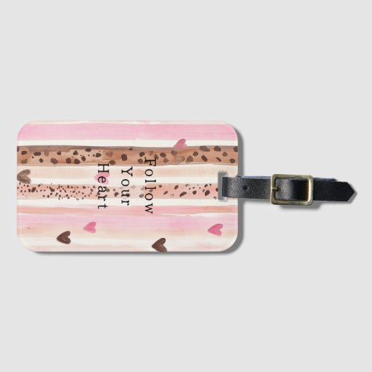 ピンクブラウンヒョウ印刷ハートストライプ ラゲッジタグ (正面横)